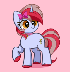 Size: 3242x3326 | Tagged: safe, artist:kittyrosie, oc, oc only, oc:cinnamon lightning, pony, unicorn, bell, bell collar, collar, cute, eyelashes, female, high res, mare, ocbetes, pink background, simple background, solo, unshorn fetlocks