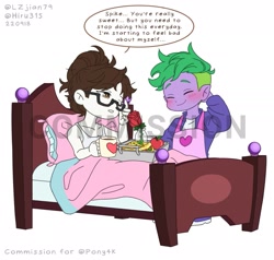 Size: 1647x1570 | Tagged: safe, artist:lzjian79, raven, spike, human, equestria girls, g4, apple, apron, bed, bedroom eyes, breakfast, breakfast in bed, chocolate, clothes, cute, dialogue, embarrassed, equestria girls-ified, female, flower, food, glasses, hot chocolate, human spike, humanized, in bed, lidded eyes, male, messy hair, morning, older, older spike, pancakes, ravenbetes, romantic, rose, secretary, ship:ravenspike, shipping, simple background, speech bubble, spikabetes, straight, tired, watermark, white background