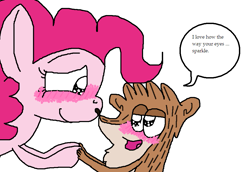 Size: 947x651 | Tagged: safe, artist:miatehkitty, pinkie pie, earth pony, pony, raccoon, g4, blushing, crossover, crossover shipping, deviantart, female, happy, male, mare, ms paint, regular show, rigby (regular show), rigbypie, shipping, simple background, straight, teary eyes, text, white background