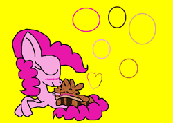 Size: 887x632 | Tagged: safe, artist:miatehkitty, pinkie pie, earth pony, pony, raccoon, g4, blushing, crossover, crossover shipping, deviantart, eyes closed, female, happy, male, mare, ms paint, regular show, rigby (regular show), rigbypie, shipping, simple background, straight, tail, tail wrap, yellow background