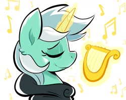 Size: 1373x1080 | Tagged: safe, artist:another_pony, lyra heartstrings, pony, unicorn, fanfic:background pony, g4, bust, clothes, dig the swell hoodie, eyes closed, hoodie, lyre, magic, music notes, musical instrument, portrait, profile, solo, telekinesis
