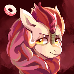 Size: 1800x1800 | Tagged: safe, artist:poxy_boxy, autumn blaze, kirin, bust, eyebrows, female, frown, looking at you, signature, solo