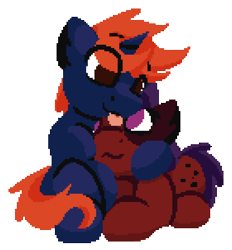 Size: 560x604 | Tagged: safe, artist:rhythmpixel, oc, oc only, oc:fizark catto, oc:mony caalot, earth pony, pony, unicorn, hug, licking, looking at each other, looking at someone, lying down, pixel art, ponyloaf, prone, simple background, tongue out, transparent background