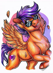 Size: 2545x3485 | Tagged: safe, artist:lupiarts, scootaloo, pegasus, pony, g4, drawing, feather, feathered wings, female, filly, foal, happy, high res, marker drawing, smiling, spread wings, sunglasses, teenager, tooth gap, traditional art, wings