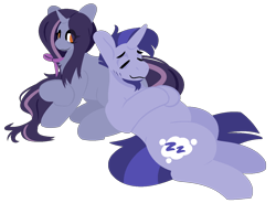 Size: 1350x994 | Tagged: safe, artist:myahster, oc, oc only, oc:snooze button, oc:snoozy stroll, pony, unicorn, duo, female, male, mare, simple background, sleeping, stallion, transparent background