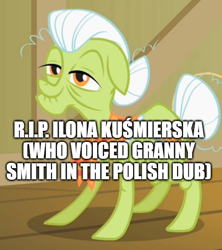 Size: 500x562 | Tagged: safe, edit, edited screencap, screencap, granny smith, g4, ilona kuśmierska, in memoriam, rest in peace, voice actor