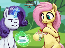 Size: 2732x2048 | Tagged: safe, artist:phutashi, fluttershy, rarity, pegasus, pony, unicorn, g4, ..., coffee, coffee cup, coffee mug, cup, dialogue, dot eyes, duo, female, food, high res, hoof hold, hot sauce, latte, levitation, magic, mare, mug, pumpkin spice, saucer, smiling, telekinesis, this will end in tears, this will not end well