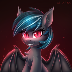 Size: 2000x2000 | Tagged: safe, artist:atlas-66, oc, oc only, oc:malachite cluster, bat pony, pony, bat pony oc, commission, glowing, glowing eyes, high res, male, red background, red eyes, simple background, sitting, solo