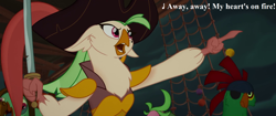 Size: 1920x804 | Tagged: safe, edit, edited screencap, editor:korora, screencap, captain celaeno, lix spittle, mullet (g4), parrot pirates, g4, my little pony: the movie, cutlass, gilbert and sullivan, hat, lyrics, pirate, song reference, sword, text, the pirates of penzance, tricorne, weapon