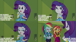 Size: 4400x2475 | Tagged: safe, edit, edited screencap, editor:quoterific, screencap, rainbow dash, rarity, sunset shimmer, human, equestria girls, equestria girls specials, g4, my little pony equestria girls: better together, my little pony equestria girls: holidays unwrapped, o come all ye squashful, crossed arms, eyebrows, eyeshadow, female, frown, grin, hand on hip, high res, looking at each other, looking at someone, makeup, open mouth, open smile, smiling, smiling at each other, talking, trio, trio female