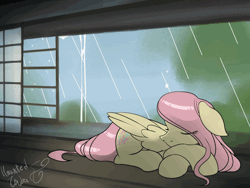 Size: 640x480 | Tagged: safe, artist:hauntedtuba, fluttershy, pegasus, pony, g4, animated, cute, ear flick, eye clipping through hair, eyes closed, female, floppy ears, folded wings, gif, lying down, mare, prone, rain, shyabetes, signature, sleeping, solo, window, wing twitch, wings