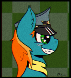 Size: 767x850 | Tagged: safe, artist:scarletdoodle, oc, oc only, oc:angelo, pony, anime, anime style, blue coat, bust, checkered background, chromatic aberration, covering eyes, evil smile, green eyes, grin, hat, male, multicolored hair, orange mane, peaked cap, portrait, smiling, solo, stallion, team captain, team fortress 2