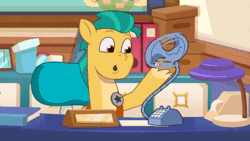 Size: 520x293 | Tagged: safe, screencap, hitch trailblazer, earth pony, pony, g5, my little pony: tell your tale, nightmare roommate, spoiler:g5, spoiler:my little pony: tell your tale, spoiler:tyts01e04, animated, chair, desk, grin, male, office chair, phone, smiling, solo, stallion, tied up