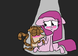 Size: 952x677 | Tagged: safe, artist:miatehkitty, pinkie pie, earth pony, pony, raccoon, g4, blushing, consoling, crossover, crossover shipping, crying, deviantart, eyes closed, female, gray background, hoof kissing, male, mare, ms paint, pinkamena diane pie, regular show, rigby (regular show), rigbypie, sad, shipping, simple background, straight, teary eyes