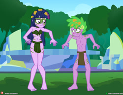 Size: 1942x1500 | Tagged: safe, artist:dieart77, spike, twilight sparkle, human, equestria girls, g4, the cutie re-mark, alternate timeline, bandeau, barefoot, belly button, blushing, bodypaint, breasts, chrysalis resistance timeline, cleavage, duo, duo male and female, embarrassed, embarrassed body exposure, equestria girls interpretation, equestria girls-ified, feet, female, front knot midriff, human spike, humanized, jungle girl, loincloth, looking at each other, looking at someone, male, midriff, older, scene interpretation, skimpy outfit, tribal, tribal markings