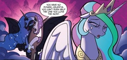 Size: 1294x613 | Tagged: safe, artist:tony fleecs, idw, official comic, nightmare moon, princess celestia, alicorn, pony, g4, my little pony: fiendship is magic, season 1, spoiler:comic, crown, dialogue, duo, ethereal hair, ethereal mane, ethereal tail, female, galaxy hair, galaxy mane, galaxy tail, jewelry, mare, multicolored hair, multicolored mane, regalia, roasted, roasting, sparkles, speech bubble, tail, teary eyes, text