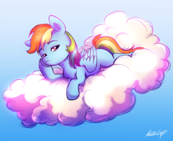 Size: 2140x1740 | Tagged: safe, artist:buttersprinkle, rainbow dash, pegasus, pony, g4, bored, cloud, female, looking at you, lying down, mare, missing cutie mark, on a cloud, signature, simple background, sky, solo