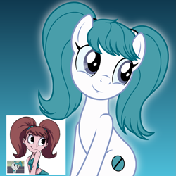 Size: 2019x2019 | Tagged: safe, artist:badumsquish, artist:plagueofgripes, derpibooru exclusive, human, pony, robot, robot pony, g4, female, gradient background, high res, jenny wakeman, looking back, mare, my life as a teenage robot, pigtails, ponified, ponified humanized robot, recursion, recursive fanart, show accurate, simple background, sitting, smiling, solo