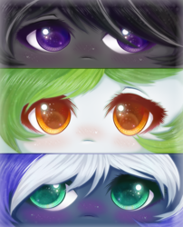 Size: 2100x2600 | Tagged: safe, artist:saltyvity, oc, oc only, oc:flaming dune, earth pony, pegasus, pony, unicorn, black hair, blue hair, cute, embarrassed, eye, eyes, eyeshadow, green eyes, green hair, high res, lidded eyes, makeup, orange eyes, purple eyes, sparkles, white hair, wide eyes