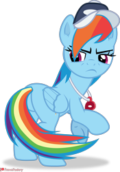 Size: 3000x4292 | Tagged: safe, artist:frownfactory, rainbow dash, pegasus, pony, 2 4 6 greaaat, annoyed, baseball cap, butt, cap, coach rainbow dash, female, hat, mare, plot, rainbow dashs coaching whistle, rainbutt dash, simple background, solo, transparent background, vector, whistle