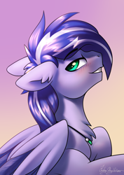 Size: 2000x2828 | Tagged: safe, artist:jedayskayvoker, oc, oc only, oc:lightning flare, pegasus, pony, blushing, bust, chest fluff, commission, cute, ear fluff, folded wings, gradient background, green eyes, high res, horny, icon, jewelry, looking back, male, necklace, pegasus oc, portrait, signature, smiling, solo, stallion, wings