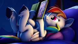 Size: 3840x2160 | Tagged: safe, artist:psfmer, daring do, rainbow dash, pegasus, pony, 3d, bed, bedroom, book, butt, daring do and the sapphire statue, female, hooves up, lying down, lying on bed, mare, on back, on bed, plot, rainbow dash's bedroom, rainbutt dash, reading, reading rainbow, solo, source filmmaker, underhoof, unshorn fetlocks