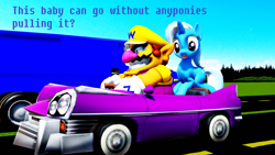 Size: 1920x1080 | Tagged: safe, artist:pac-mario64, trixie, human, pony, unicorn, g4, 3d, car, crossover, driving, male, mmd, super mario bros., wario