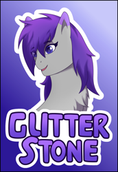 Size: 1670x2432 | Tagged: safe, artist:autumnsfur, oc, oc only, oc:glitter stone, earth pony, pony, g4, g5, badge, blue eyes, bust, chest fluff, con badge, convention, digital art, earth pony oc, eyelashes, female, gray coat, gray fur, hair over one eye, happy, head tilt, long hair, looking at something, mare, name, outline, portrait, purple eyes, purple hair, purple mane, simple background, smiling, smirk, solo, text, turned head, white outline
