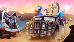 Size: 4000x2249 | Tagged: safe, artist:dormin-dim, discord, fluttershy, starlight glimmer, trixie, oc, draconequus, pegasus, pony, unicorn, g4, canon x oc, driving, happy, high res, photo, sunset, truck, wheel