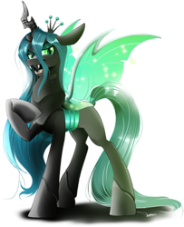 Size: 2338x2877 | Tagged: safe, artist:dormin-dim, queen chrysalis, changeling, changeling queen, g4, crown, fangs, female, high res, holeless, jewelry, raised hoof, regalia, simple background, solo, transparent background