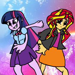 Size: 736x736 | Tagged: safe, sunset shimmer, twilight sparkle, human, equestria girls, g4, counterparts, parody, redraw, rivalry, shadow the hedgehog, ship:sunsetsparkle, sonic adventure 2, sonic the hedgehog, sonic the hedgehog (series), twilight sparkle (alicorn), twilight's counterparts, yuji uekawa style