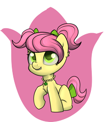Size: 2200x2600 | Tagged: safe, artist:dumbwoofer, posey bloom, earth pony, pony, g5, adoraposey, bow, cute, female, filly, foal, hair bow, high res, jewelry, looking up, necklace, pigtails, simple background, sitting, smiling, solo, tail, tail bow, transparent background, younger