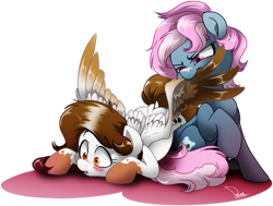 Size: 1000x755 | Tagged: safe, artist:dormin-dim, oc, oc only, oc:dusty star major, oc:juicy dream, earth pony, pegasus, pony, assisted preening, biting, earth pony oc, freckles, pegasus oc, simple background, transparent background, wing bite, wings