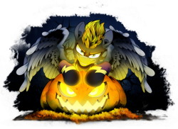 Size: 3412x2480 | Tagged: safe, artist:dormin-dim, oc, oc only, oc:blaze (shadowbolt), pegasus, pony, halloween, high res, holiday, jack-o-lantern, pumpkin, simple background, solo, transparent background