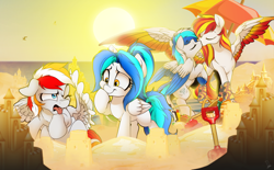 Size: 4000x2480 | Tagged: safe, artist:dormin-dim, oc, oc only, oc:blazing sky, oc:diamond sun, oc:hawker hurricane, oc:sapphire moon, pegasus, pony, amused, beach, blech, brother and sister, colt, disgusted, eyes closed, family, female, filly, foal, husband and wife, kiss on the lips, kissing, male, mare, married couple, married couples doing married things, oc x oc, offspring, parent:oc:diamond sun, parent:oc:hawker hurricane, parents:hawkmond, ponytail, sandcastle, shipping, siblings, stallion, straight, tongue out, wholesome