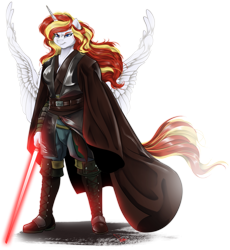 Size: 2223x2412 | Tagged: safe, artist:dormin-dim, oc, oc only, oc:thunder mane, alicorn, anthro, plantigrade anthro, alicorn oc, commission, dark jedi, high res, horn, lightsaber, simple background, sith, solo, star wars, transparent background, weapon, wings