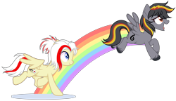 Size: 4963x2856 | Tagged: safe, artist:mcjojo, artist:virumi, oc, oc only, oc:antilag, oc:redsun, pegasus, pony, duo, duo female, female, jumping, rainbow, running, simple background, transparent background