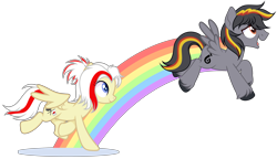 Size: 4963x2856 | Tagged: safe, alternate version, artist:mcjojo, artist:virumi, oc, oc only, oc:antilag, oc:redsun, pegasus, pony, duo, duo male and female, female, jumping, male, rainbow, running, simple background, transparent background