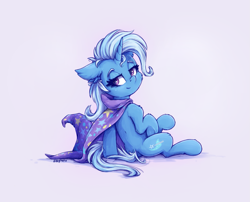 Size: 1547x1249 | Tagged: safe, artist:zeepheru_pone, trixie, pony, unicorn, g4, bedroom eyes, cape, clothes, ear fluff, female, hat, looking at you, mare, signature, simple background, smiling, smiling at you, solo, trixie's cape, trixie's hat
