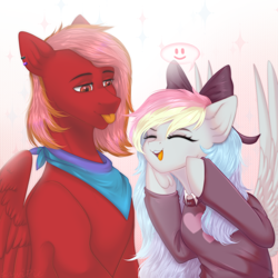Size: 1900x1900 | Tagged: safe, artist:kawipie, oc, oc only, oc:blazey sketch, oc:lucas reins, pegasus, pony, :p, bandana, bow, clothes, duo, hair bow, long hair, multicolored hair, pegasus oc, piercing, small wings, smiling, sweater, tongue out, wings