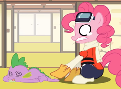 Size: 406x301 | Tagged: safe, artist:mysteryben, edit, pinkie pie, spike, dragon, earth pony, pony, rhythm is magic, g4, abuse, blank eyes, boots, clothes, cosplay, costume, cropped, crying, female, flcl, goggles, gritted teeth, haruhara haruko, knocked out, lying down, male, mare, prone, remix apple apple apple, rhythm heaven, scarf, shocked, shoes, sitting, spikeabuse, swirly eyes, teary eyes, teeth, tongue out, youtube link