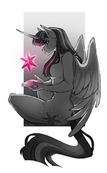 Size: 1971x3190 | Tagged: safe, artist:djkaskan, twilight sparkle, alicorn, anthro, g4, artistic nudity, black and white, breasts, element of magic, grayscale, horn, monochrome, nudity, twilight sparkle (alicorn), wings