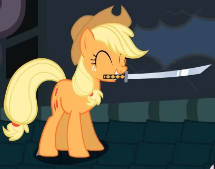 Size: 215x169 | Tagged: safe, artist:mysteryben, edit, applejack, earth pony, pony, rhythm is magic, g4, applejack's hat, cowboy hat, cropped, cute, eyes closed, female, hat, jackabetes, katana, lowres, mare, mouth hold, picture for breezies, remix apple apple apple, smiling, sword, weapon, youtube link