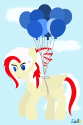 Size: 1365x2048 | Tagged: safe, artist:sailzvoilez, oc, oc only, oc:redsun, pegasus, pony, balloon, female, floating, folded wings, sky background, solo, wings