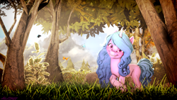 Size: 1920x1080 | Tagged: safe, artist:alexsc112, derpibooru exclusive, izzy moonbow, butterfly, pony, unicorn, g5, 3d, forest, mountain, scenery, solo, source filmmaker