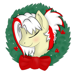 Size: 2000x2000 | Tagged: safe, artist:mercyamour, oc, oc only, oc:redsun, pegasus, pony, blushing, bow, christmas wreath, eyes closed, female, headshot commission, high res, simple background, solo, transparent background, wreath