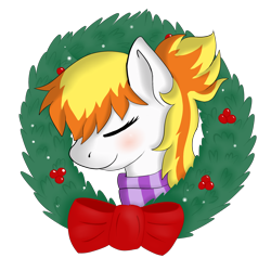 Size: 2000x2000 | Tagged: safe, artist:mercyamour, oc, oc only, oc:lightspeed, pegasus, pony, blushing, bow, christmas wreath, clothes, eyes closed, female, headshot commission, high res, scarf, simple background, solo, striped scarf, transparent background, wreath