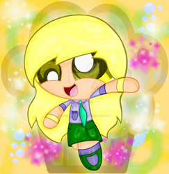 Size: 882x906 | Tagged: safe, artist:hazelppgmlpfan58, derpy hooves, human, g4, bubble, clothes, derp, deviantart watermark, female, food, humanized, muffin, necktie, obtrusive watermark, powerpuffified, shirt, shoes, skirt, smiling, sparkles, the powerpuff girls, watermark