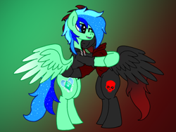 Size: 1200x900 | Tagged: safe, artist:ice_king1011, oc, oc only, oc:jade breeze, oc:negative, alicorn, pegasus, pony, clothes, duo, gradient background, happy, hidden face, hoodie, hug, skull, standing on two hooves, wings