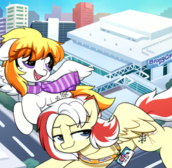 Size: 3000x2933 | Tagged: safe, artist:moozua, oc, oc only, oc:lightspeed, oc:mane event, oc:redsun, pegasus, pony, bronycon, bronycon 2018, baltimare, baltimore, baltimore convention center, banner, building, clothes, convention, duo, duo female, female, flying, high res, lanyard, scarf, tower